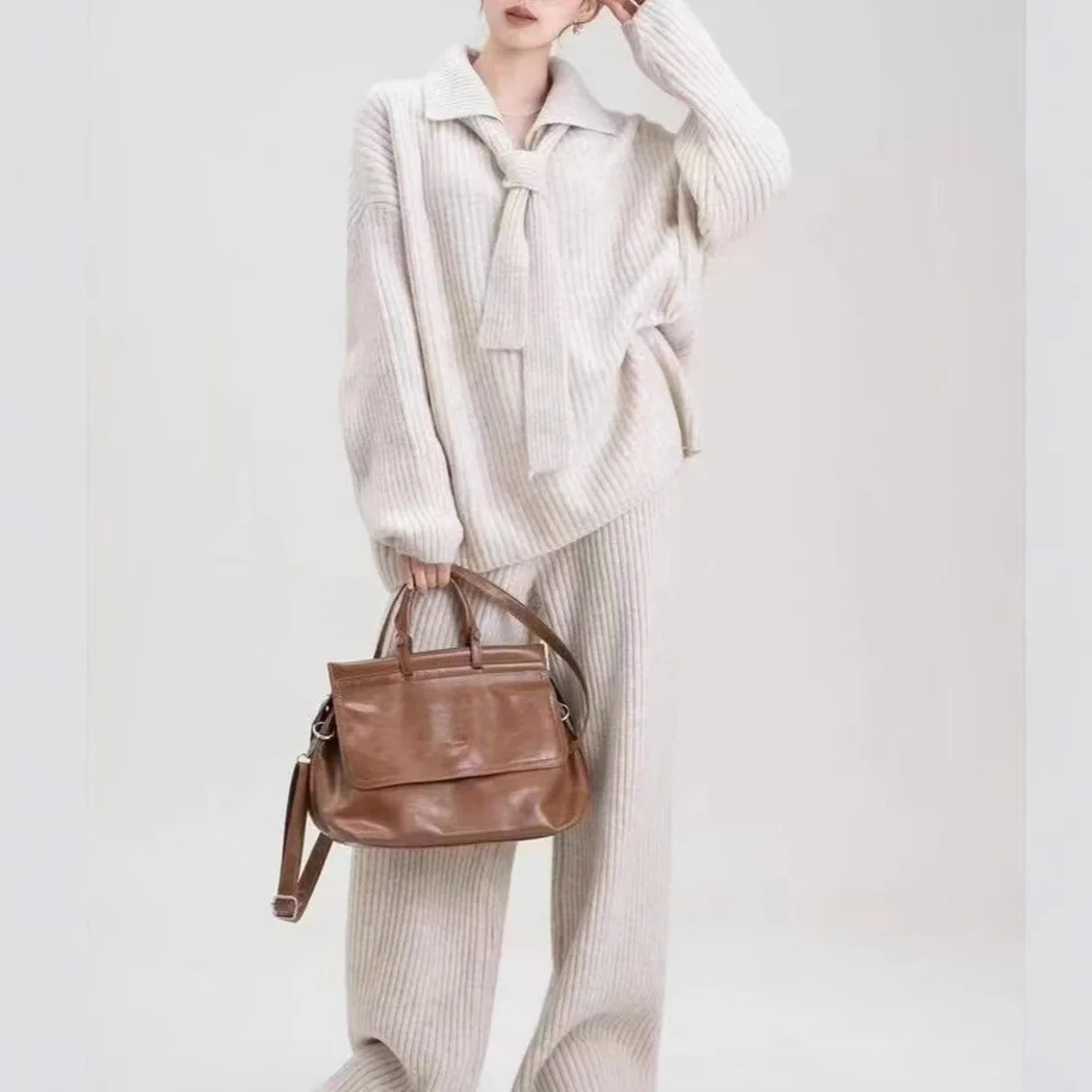 

2025 New Loose Two-piece Sweater Set for Women, Loose and Versatile, Lazy Style, Solid Color Casual Knitwear, Women's Clothing