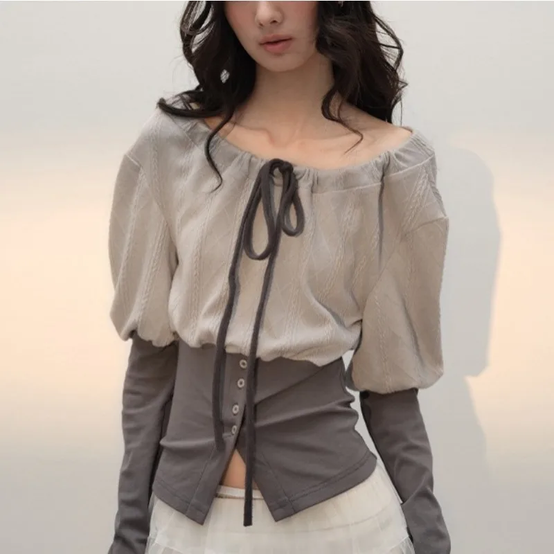 

French round neck bow tie tie contrasting color waistband lantern long sleeved top T-shirt for women