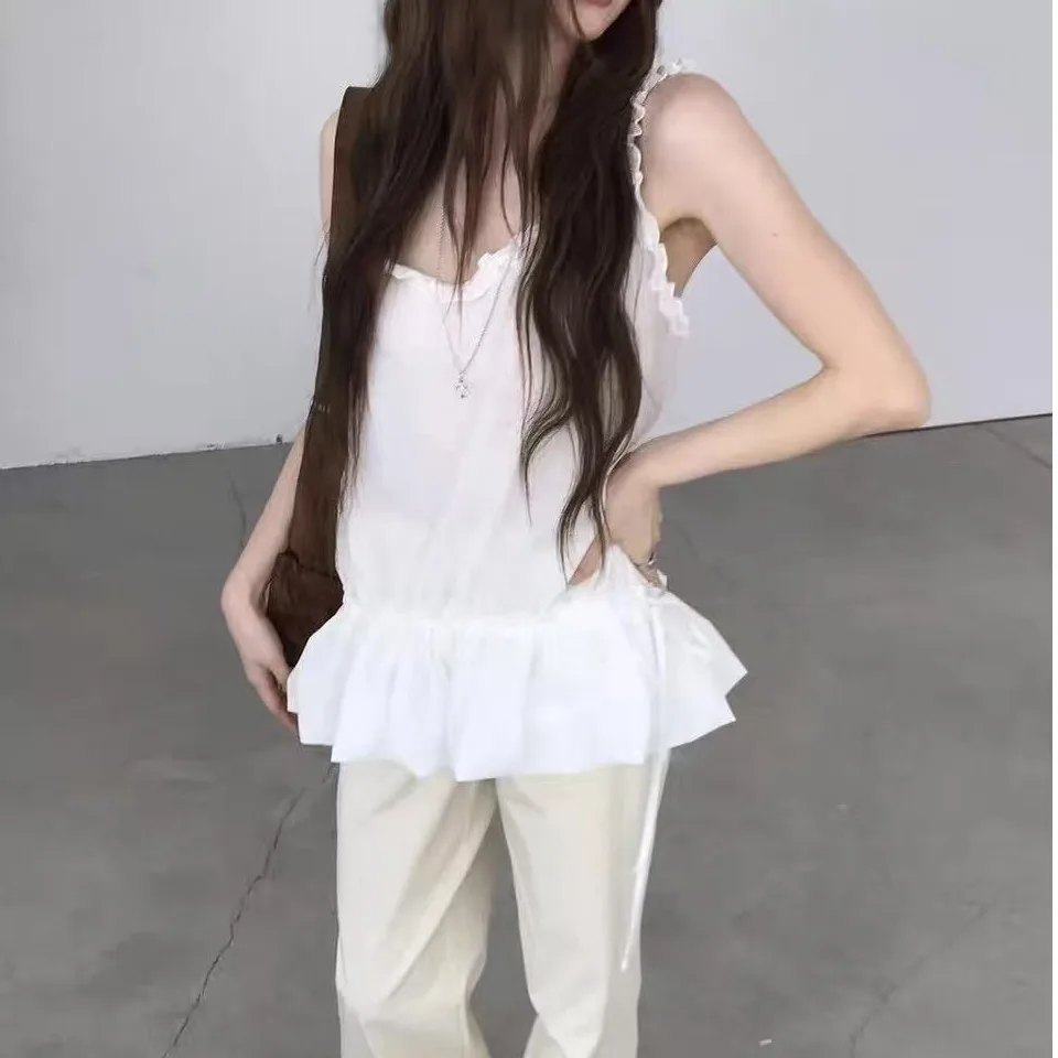 Summer Style Pure Color 3D Lace Trim Halter Top Atmosphere Sensation Casual Wear Women's Mid-Length Sleeveless Vest