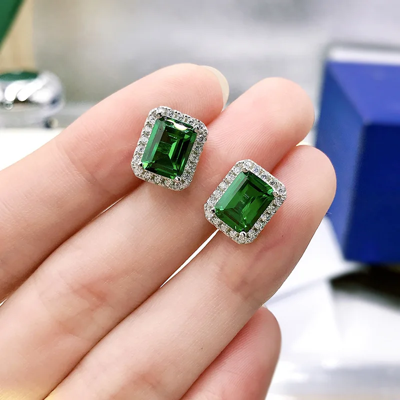 Classics Sqaure 925 Sterling Silver Emerald cut Green High Gemstone Ear Studs Earrings Wedding Fine Jewelry