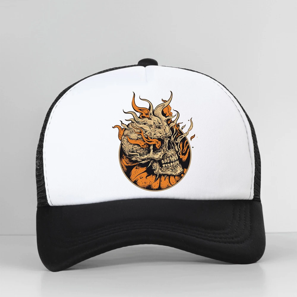 

Flame Skull Head Mesh Baseball Cap Unisex Punk Style Tiger Hip Hop Fashion Adjustable Snapback Hat