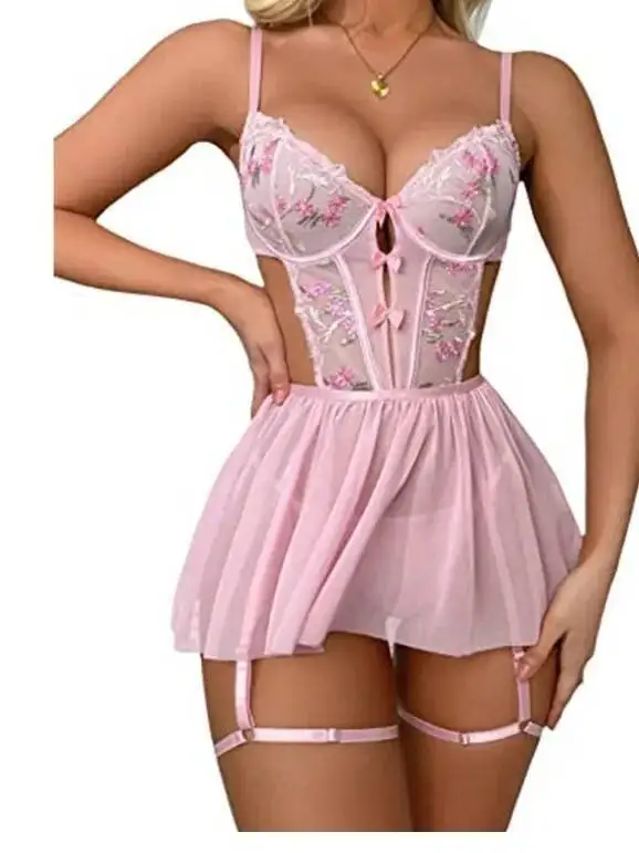 Sexy Solid Color Black Floral Lace Babydoll Dress For Women Sheer Mesh Chemise With Garter Straps Flower Embroidery Dress 19HG