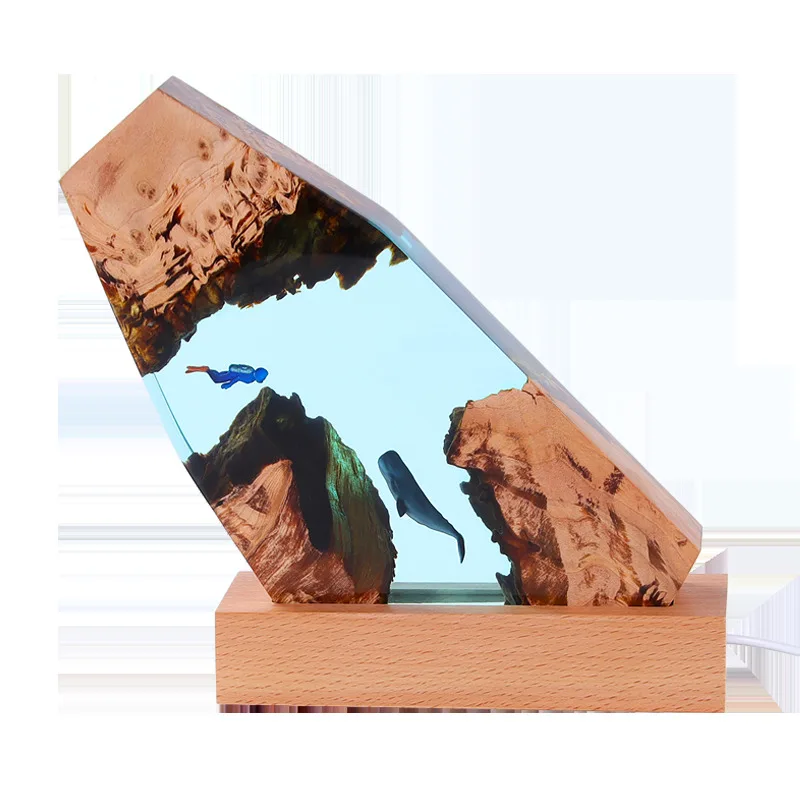 

Creative Ocean Cave Whale Diver Office Desktop Bedroom Decor Solid Wood Resin Lamp Birthday Gift Ornament