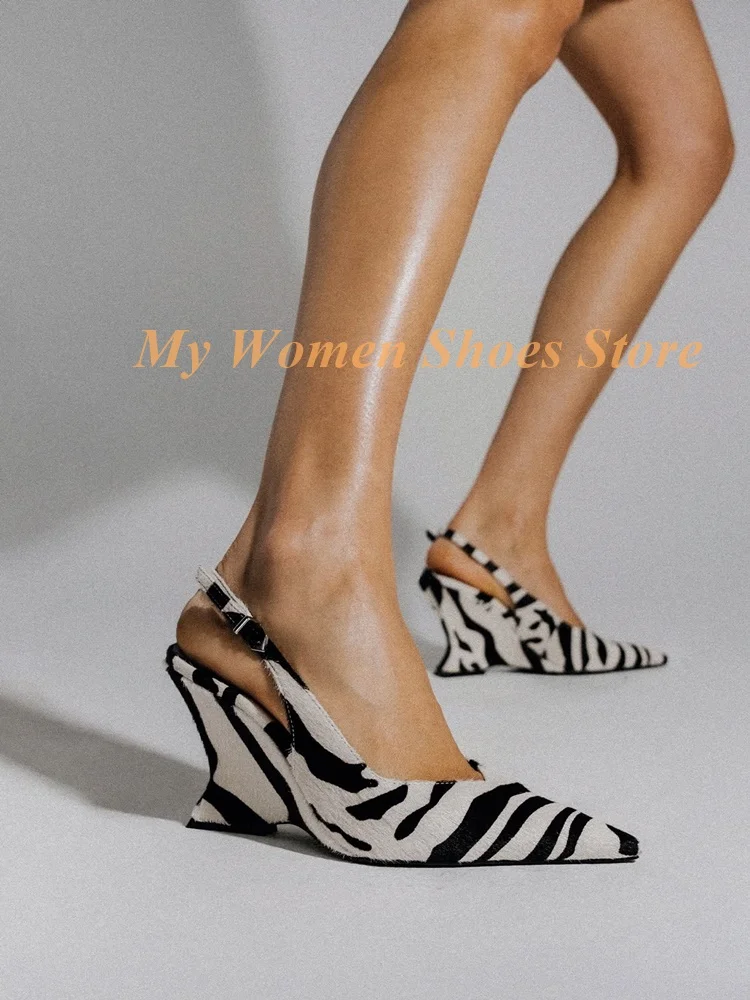 Zebra Stripes Back Strap Pointy Toe Pumps Wedges Runway 2026 Spring Autumn Women Dress Shoes Handmade New Arrivals Slingback