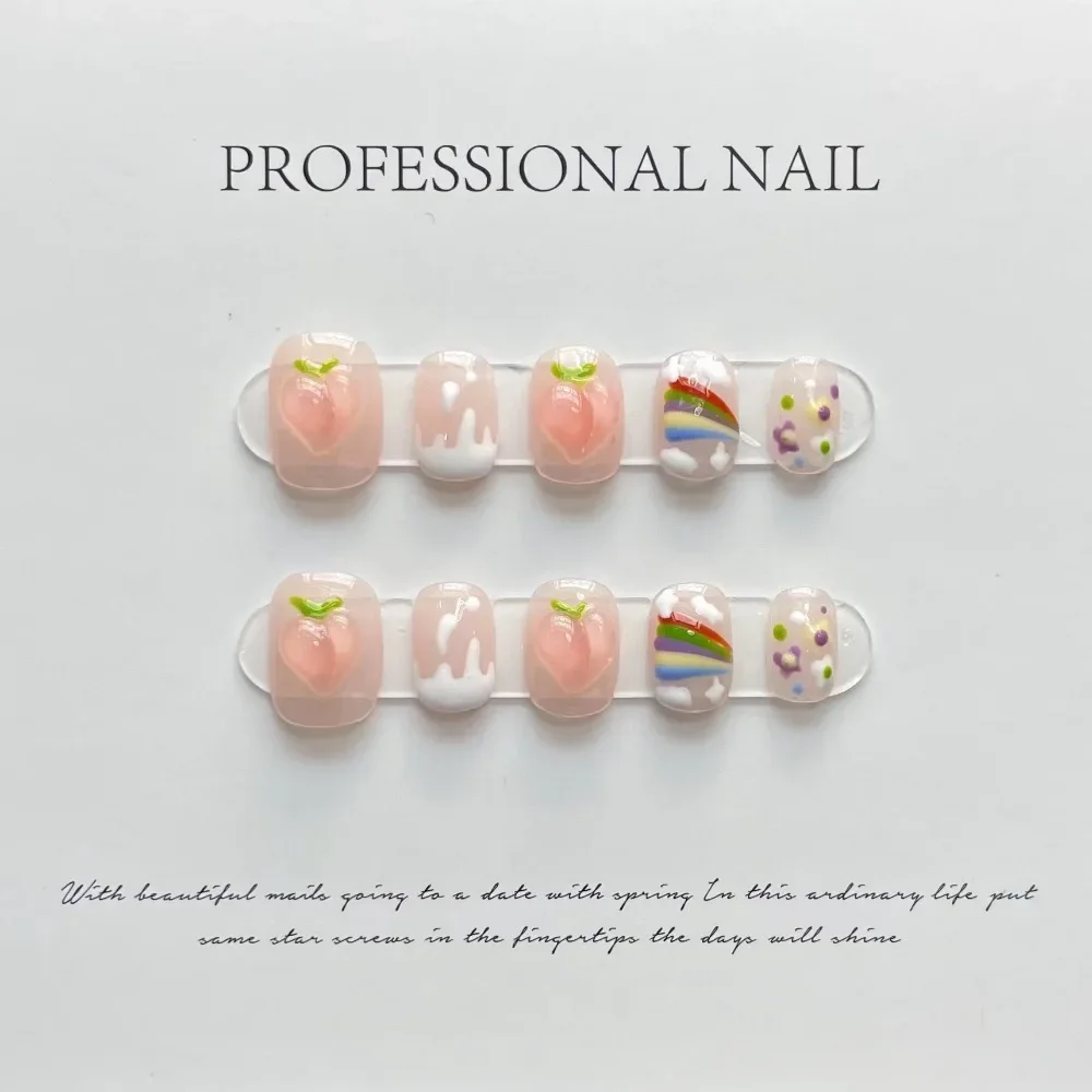 

Handmade Short Kawaii Pink Press on Nails Korean Cute Reusable Adhesive False Nails with Design Artifical Nail Tip for Girls