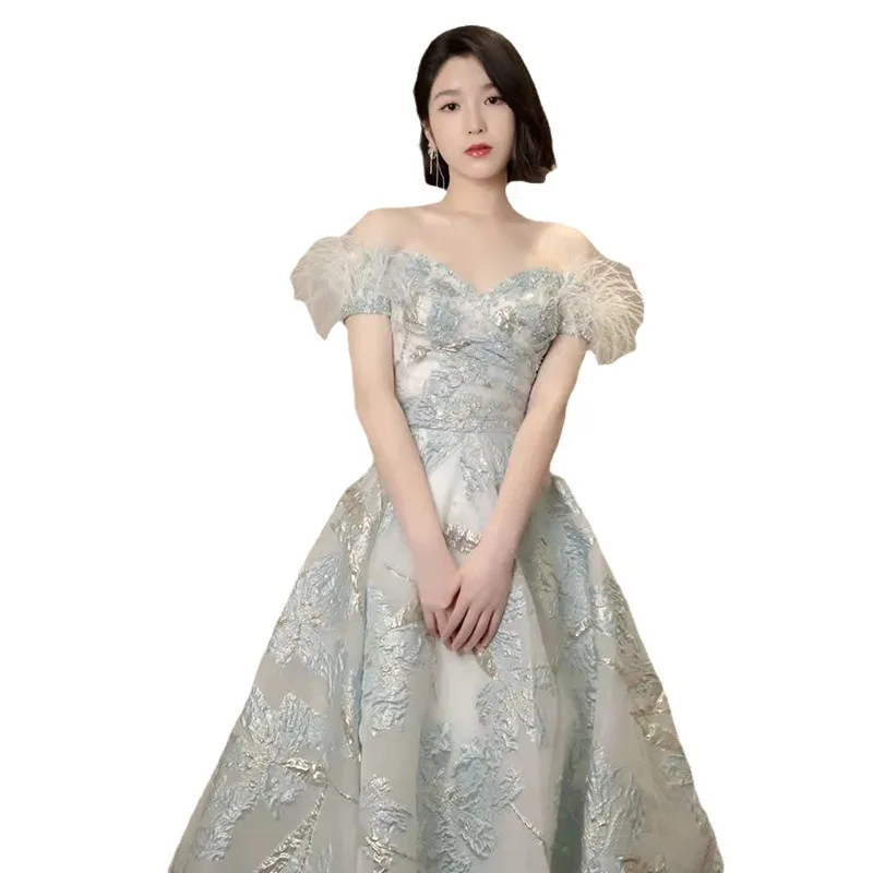 Luxury Light Blue Prom Dresses Print Flower A Line with Feather Off Shoulder Elegant Victorian Retro Evening Party Ball Gowns