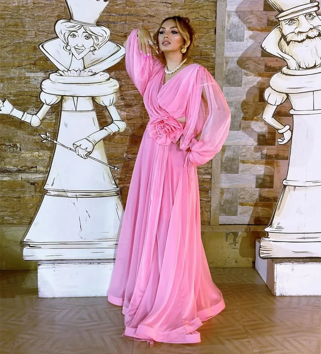 

Customized Long Pink V-Neck Evening Dresses with Slit/Flower A-Line Chiffon فساتين السهرة Floor Length Prom Dress for Women