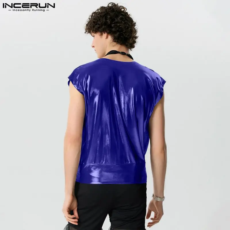 2024 Men Tank Tops Sparkling V Neck Sleeveless Casual Male Vests Streetwear Solid Summer Fashion Men\'s Clothing S-5XL INCERUN