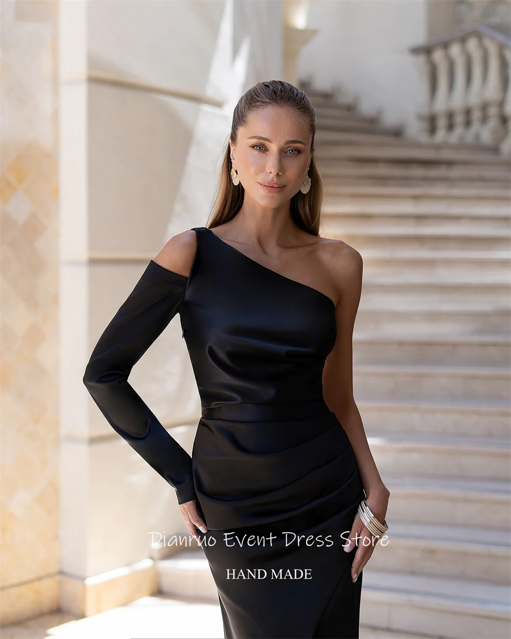 Dianruo فساتين سهرة بكتف واحد فستان ستان لضيف حفل الزفاف أنيق بفتحة عالية فيستدوس دي بودا بارا فييستاس مخصص
