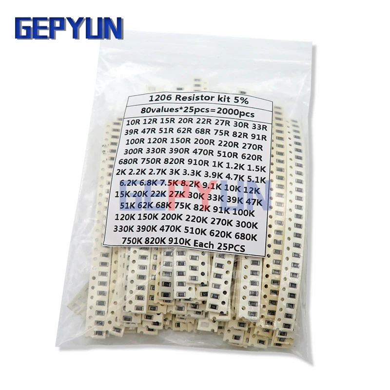 2000PCS 10 ohm-910K ohm 1206 SMD Resistor Kit Assorted set 5% 80values*25PCS SMD Resistors 10K 470/100/680 ohm resistance pack