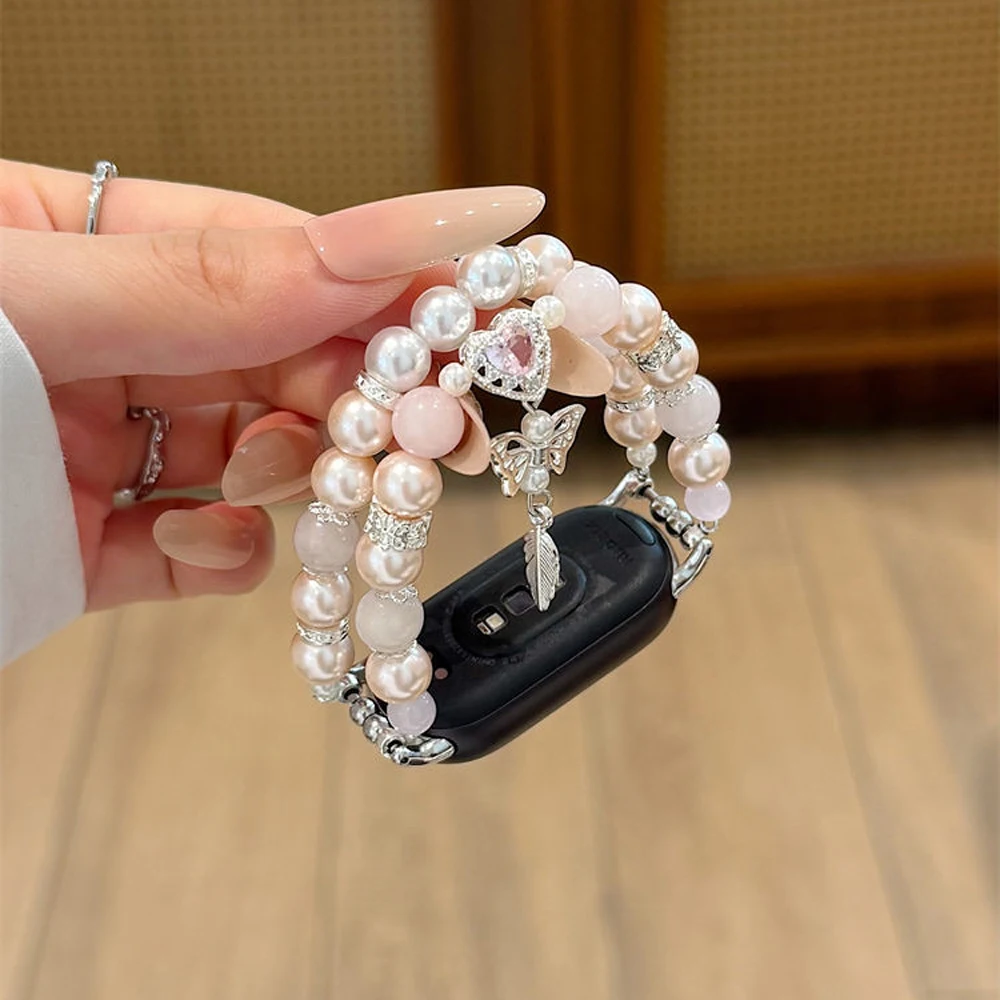 Pink Crystal Beaded Strap Watch Chain Suitable For Xiaomi Band 10 8/9 Pro Bracelet For Redmi Watch 4/5/6 Bracelet