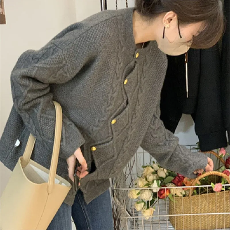 

Twisted Knitted Cardigan Women Lazy Style Loose Single Breasted Sweater Coat Ladies Spring Simple Casual O Neck Cardigans NS5575