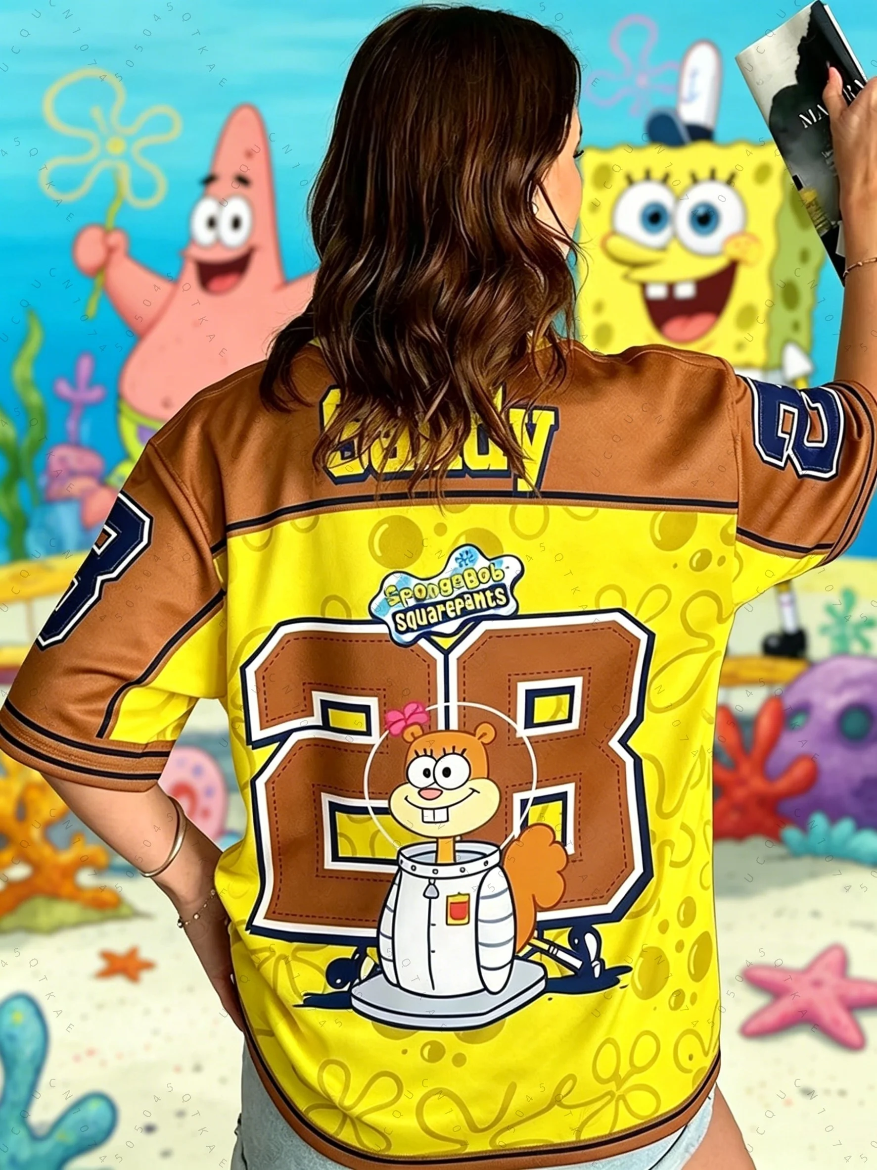 Spongebob Print Loose Oversized T-Shirts für Männer und Frauen, Sommer, V-Ausschnitt, Patchwork, kurzärmelig, Sport-Fußballtrikot, Y2k-Kinderoberteile – Detail 8