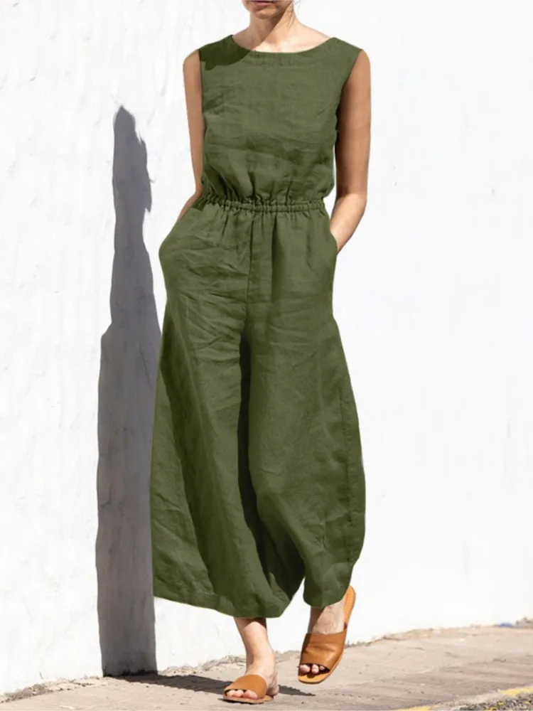 Elegant Linen And Cotton Women Jumpsuit, Office Uniform With Buttons And Round Neck, Sleeveless, With Elastic Pockets And Waist