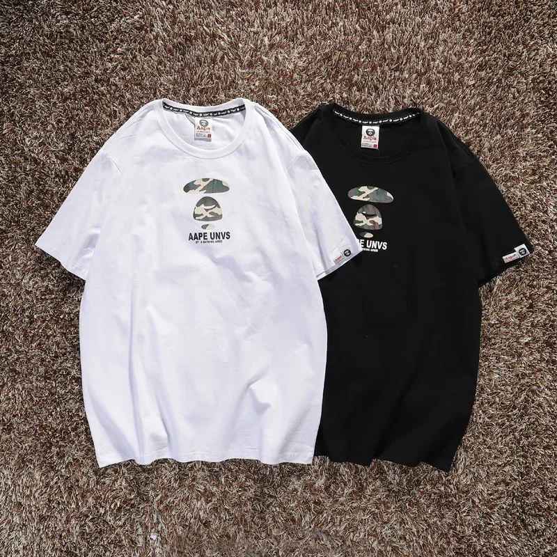 Summer Aape Fashion Trend Ink Splash Holes Do Old Design Letters Printed Short-Sleeved T-Shirt Men and Women Cotton Tops