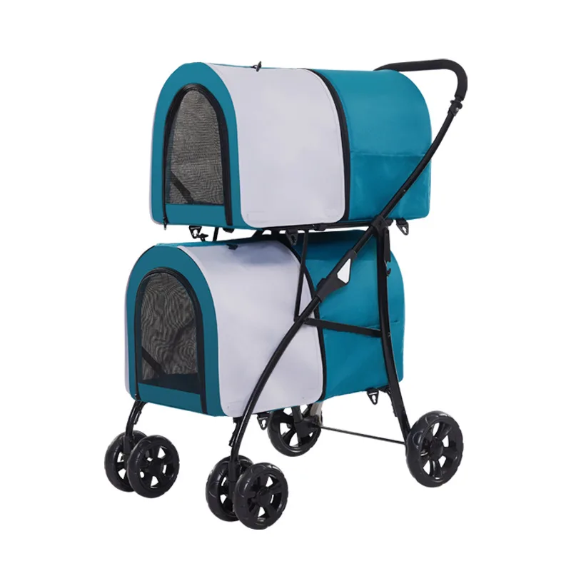 Outdoor Travel with Large Space for Cats and Dogs Four Wheeled Handcart Cage Lightweight Foldable Double Layer Pet Cart