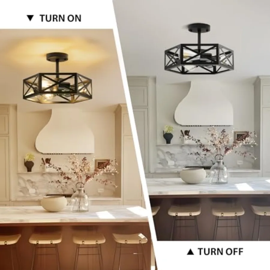 Modern Semi Flush Mount Ceiling Light, 3-Light Hexagon Flush Mount Ceiling Lights for Dining Room Light Fixture, Farmhouse Blac view 4