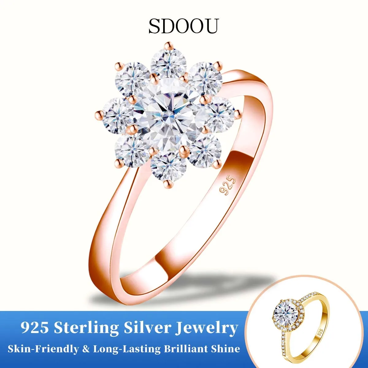 SDOOU Dazzling 1ct Flower Moissanite Women Rings 925 Silver Certified Sunflower Ring Plated 18K White Gold Engagement Jewelry