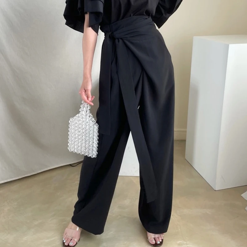 Elegant High Waist Wide Leg Pants with Side Bow Tie And Double Pockets Women's Long Trousers Draping Feel Fashionable