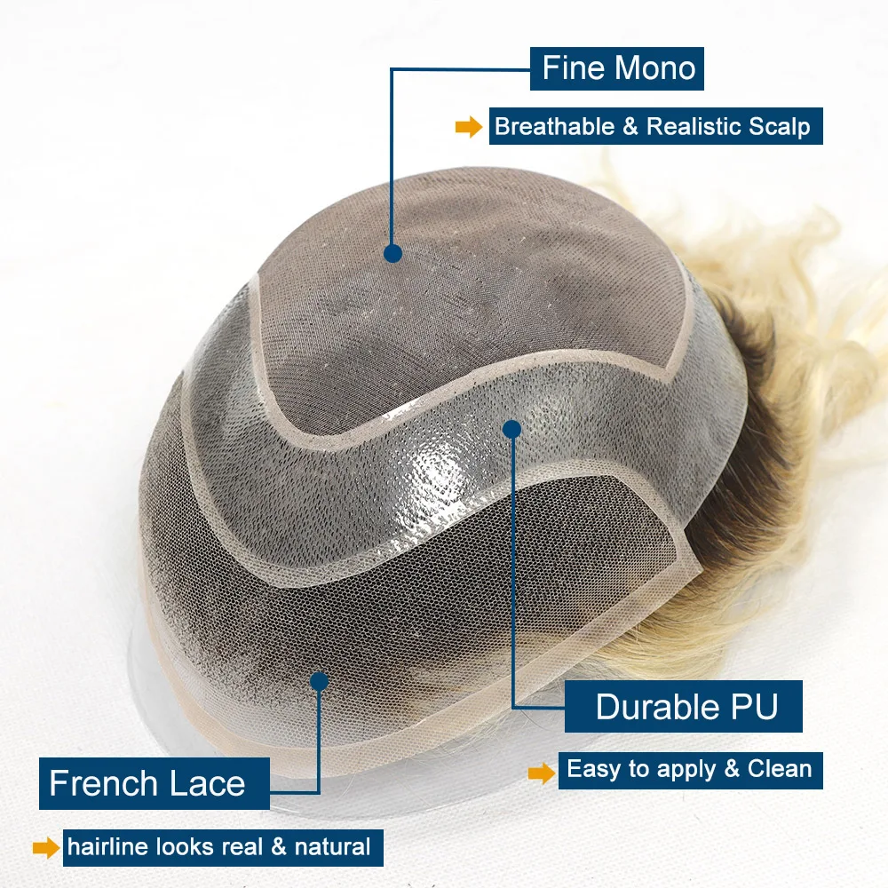 4T613 Ombre Blonde Toupee for Men Human Hair Capillary Prosthesis Lace Front Toupee Dark Roots Male Hair System Hairpiece