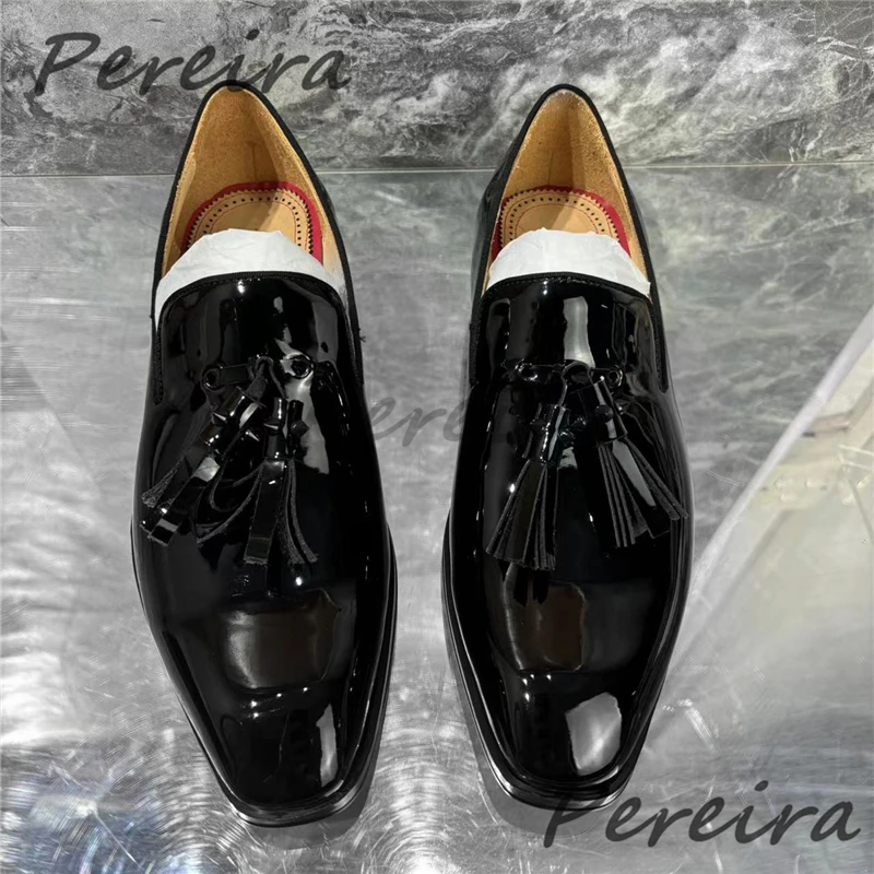 Fashion Tassel Men\'s Formal Shoes Square Toe Patent Leather Low Heel Derbies Summer New Wedding Party Banquet Male Casual Shoes