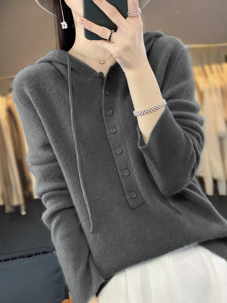 Fashion Spring Autumn Women Sweater Hoodie Long Sleeve Pullover 100% Merino Wool Soft Comfort Knitted Jumper Female Clothing