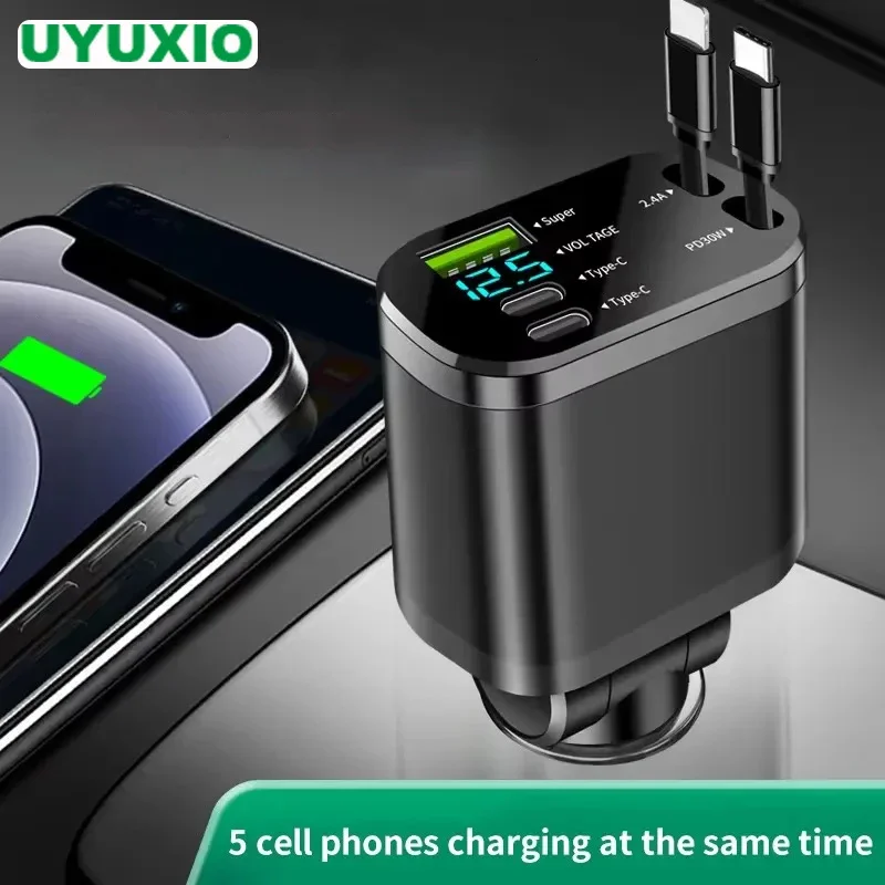 

Автомобильное зарядное устройство UYUXIO USB C с выдвижным кабелем, адаптер для сверхбыстрой зарядки 66 Вт с дисплеем напряжения для iPhone 16 15 14 Samsung