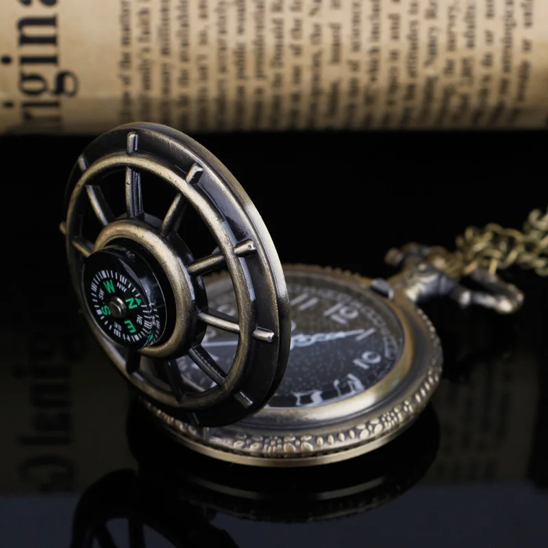 Exquisite Compass Design Vintage Hollow Skeleton Pocket Watch Women Man Necklace Pendant with Chain Gift Antique Clock