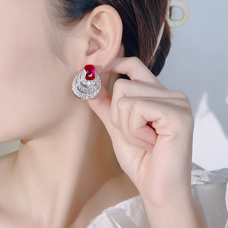 Palace Style Earrings Jewelry Zircon Earrings Ruby Temperament Retro Versatile New Women's High-end Wholesale