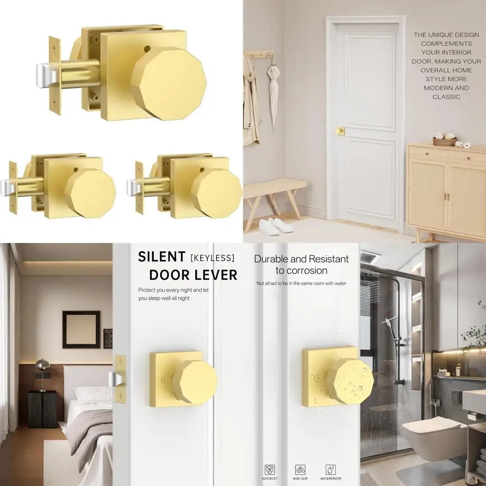 

Набор из 3 дверных ручек для конфиденциальности, внутренние дверные ручки из матового золота, прочные круглые замки с квадратным основанием для дверей спальни и ванной комнаты