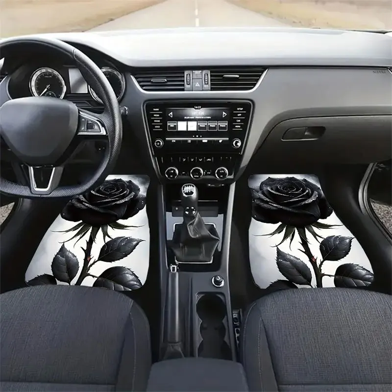 4pcs Stylish Black Rose Pattern Car Floor Mat Set | Universal Anti-Slip Crystal Velvet, Decorates Interior, Collects Hair, Keeps