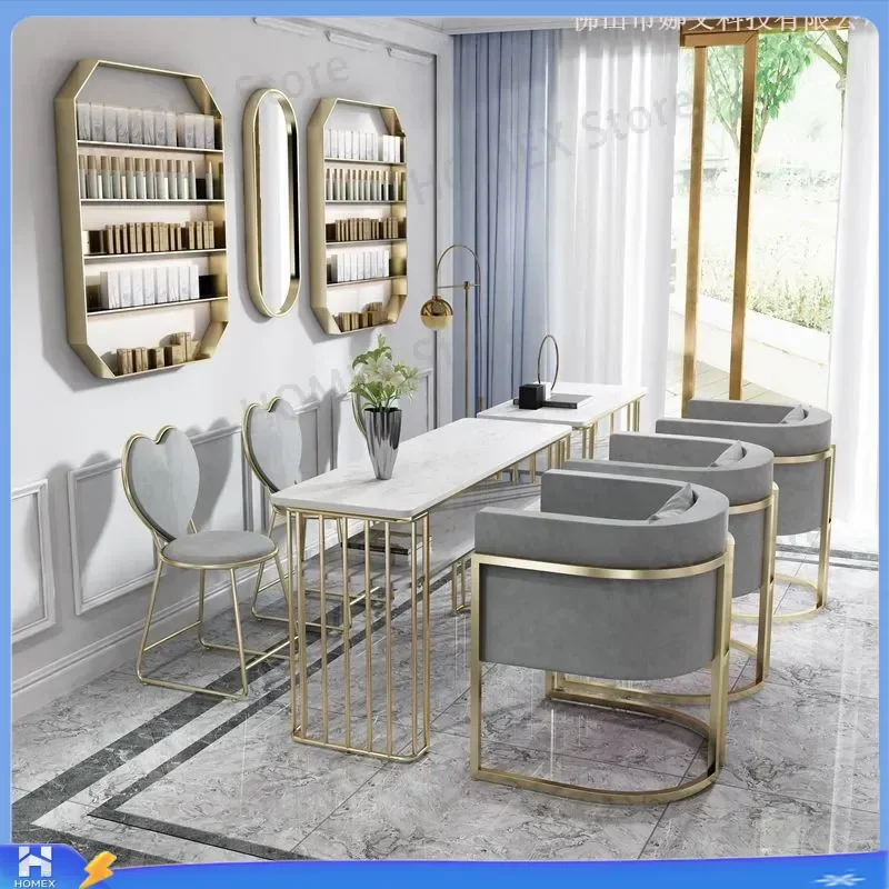 Luxury Wrought Iron Double Layer Marble Manicure Table and Chair Set U Shape Sofa Single Double Nail Desk Beauty Salon