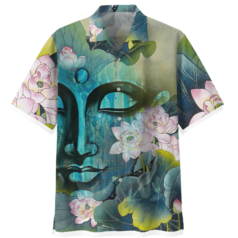 Buddha Hawaiian Shirt For Men Women Buddhism 3D Printed Beach Blouse Oversized Lapel Short Sleeve Summer Street Button Shirts