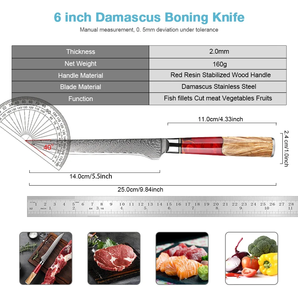 XITUO Professional Boning Knife 6 Inch Japanese Damascus Steel, Kitchen Deboing Knife Fish Fillet Knife, Red Resin Wood Handle