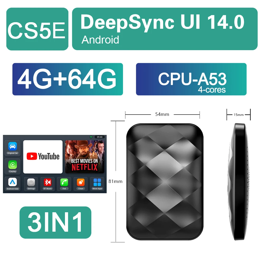 

CS5E CarPlay 3-IN-1 TV Box Android 12 CarPlay Ai Box Built-in Netflix YouTube IPTV For Wired CarPlay/Wired Android Auto Car Use