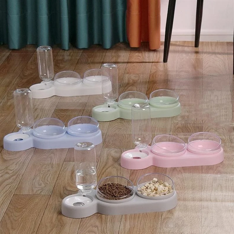 Cat Bowl Pet Feeder Anti-Tip Double Bowl Large Diameter Integrated Cat Bowl Made Of PP+PC Material with Drinking Fountain