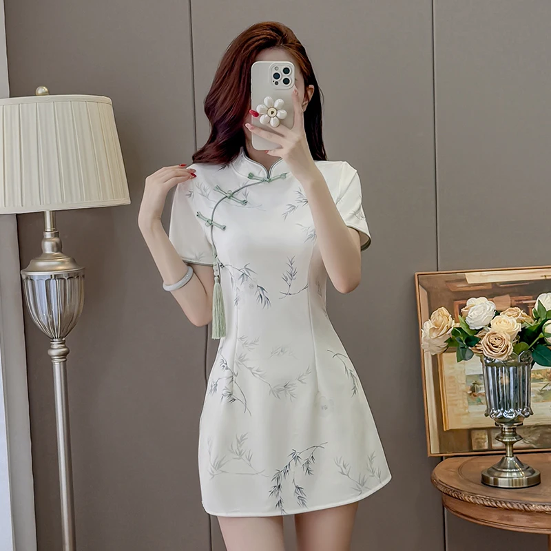 two piece Green Leaf Print Cheongsam Dress and Shorts Set for Women Stretchy Fresh Floral Tassel Two-Piece Outfit