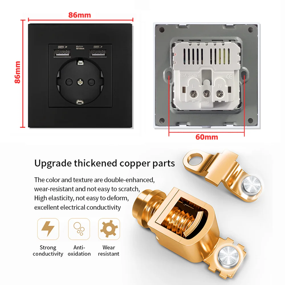 EIOMR Type-C Interface Outlet 86*86mm PC Panel Wall EU Russia Spain French Socket With USB Charge Port 5V 2A White Black Socket