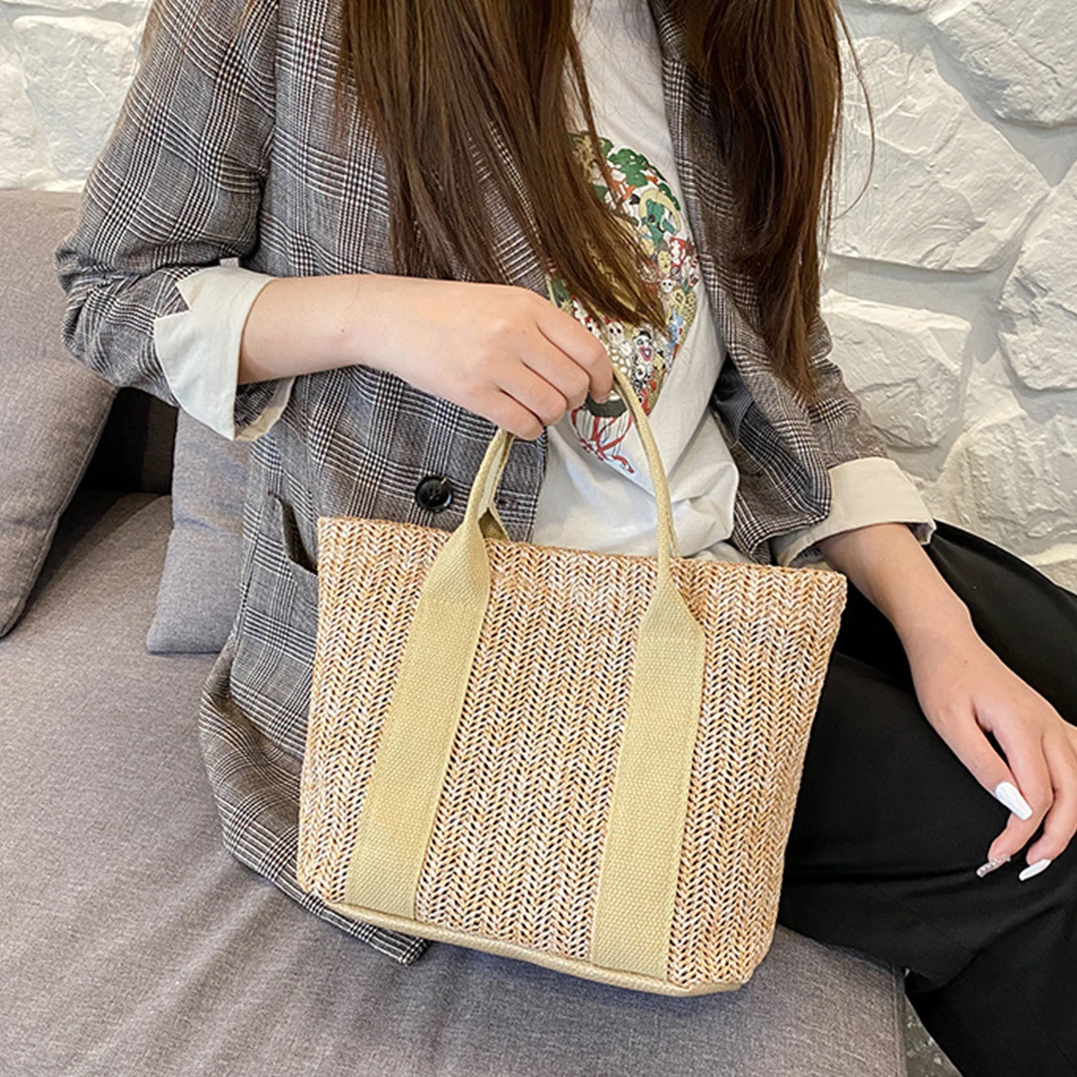 Woven Bag Shoulder Cross Straw Bag Large Capacity Summer Bag Female Small Fresh Travel Hundred with Beach Bag Large Capacity Cro