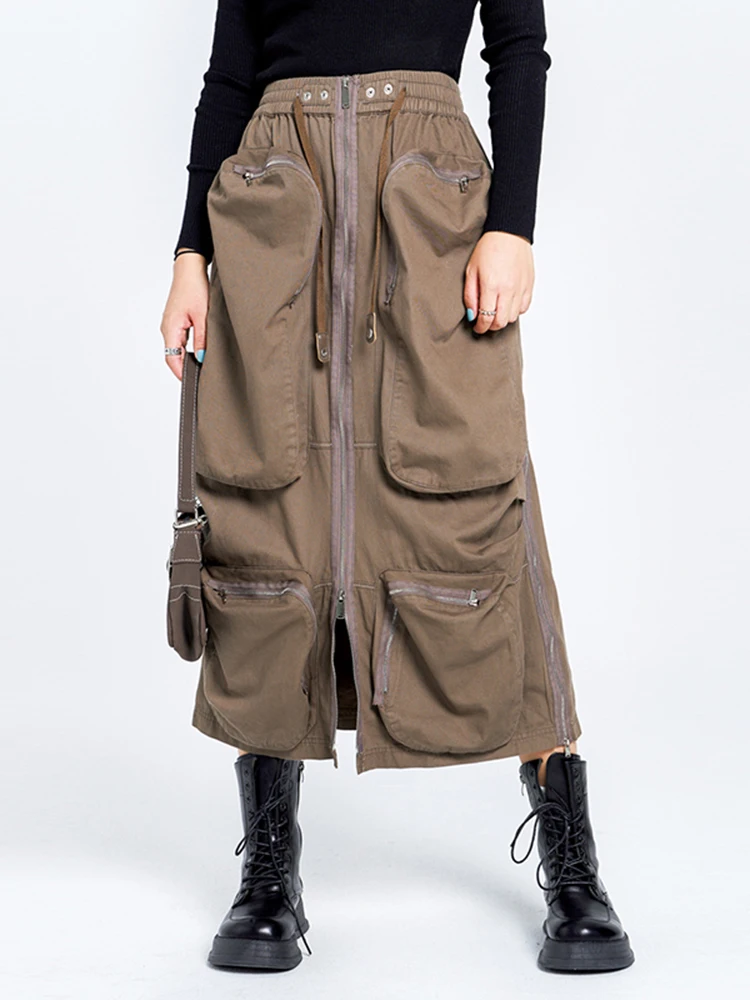 American Retro Workwear  Skirt with Large Pockets And Zipper for Women Spring Autumn Design Trendy Two-Way Crossbody Skirt