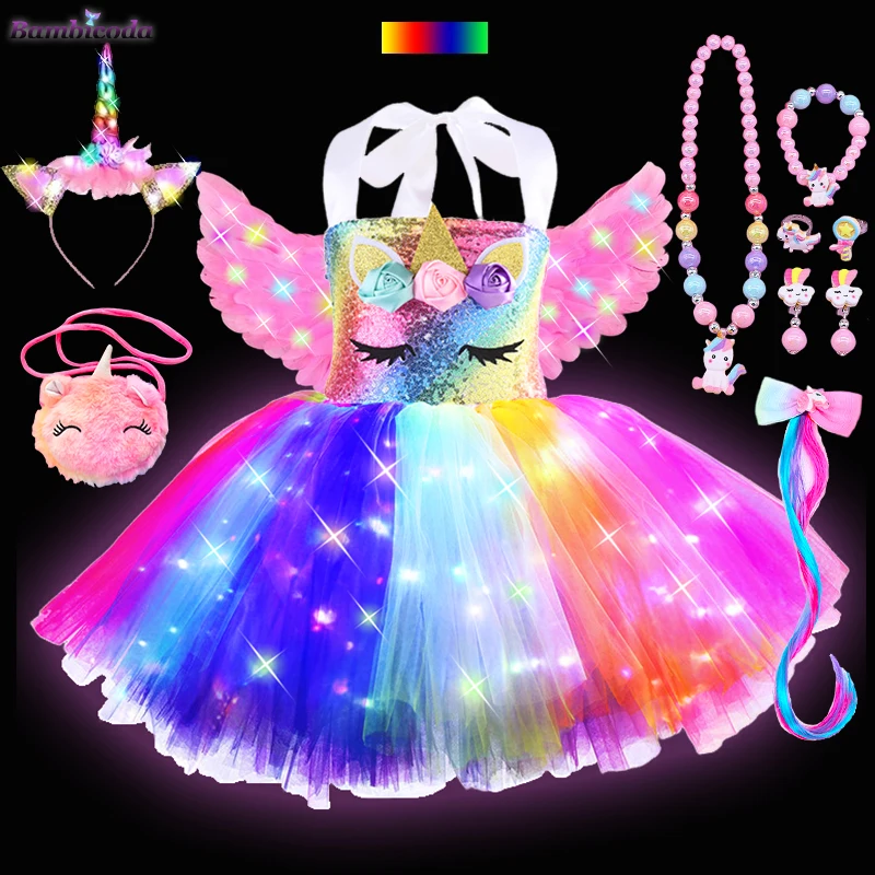 2024 Girls Shiny Unicorn Princess TUTU Dress Children LED Glowing Dresses Wings Headband Stage Costume for Girl Halloween Party