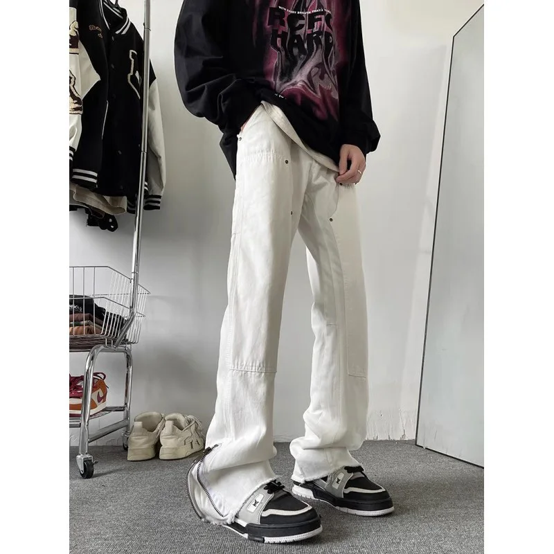 

White Flared Jeans Men's Spring 2024 Slimming High Waist Side Zipper Design Long Straight Leg Jeans Trendy Cotton Blend