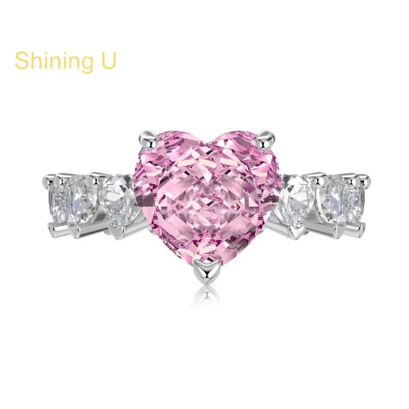 

Shining U S925 Silver Pink Heart 10*10mm High Carbon Diamond Gems Ring for Women Fine Jewelryengagement