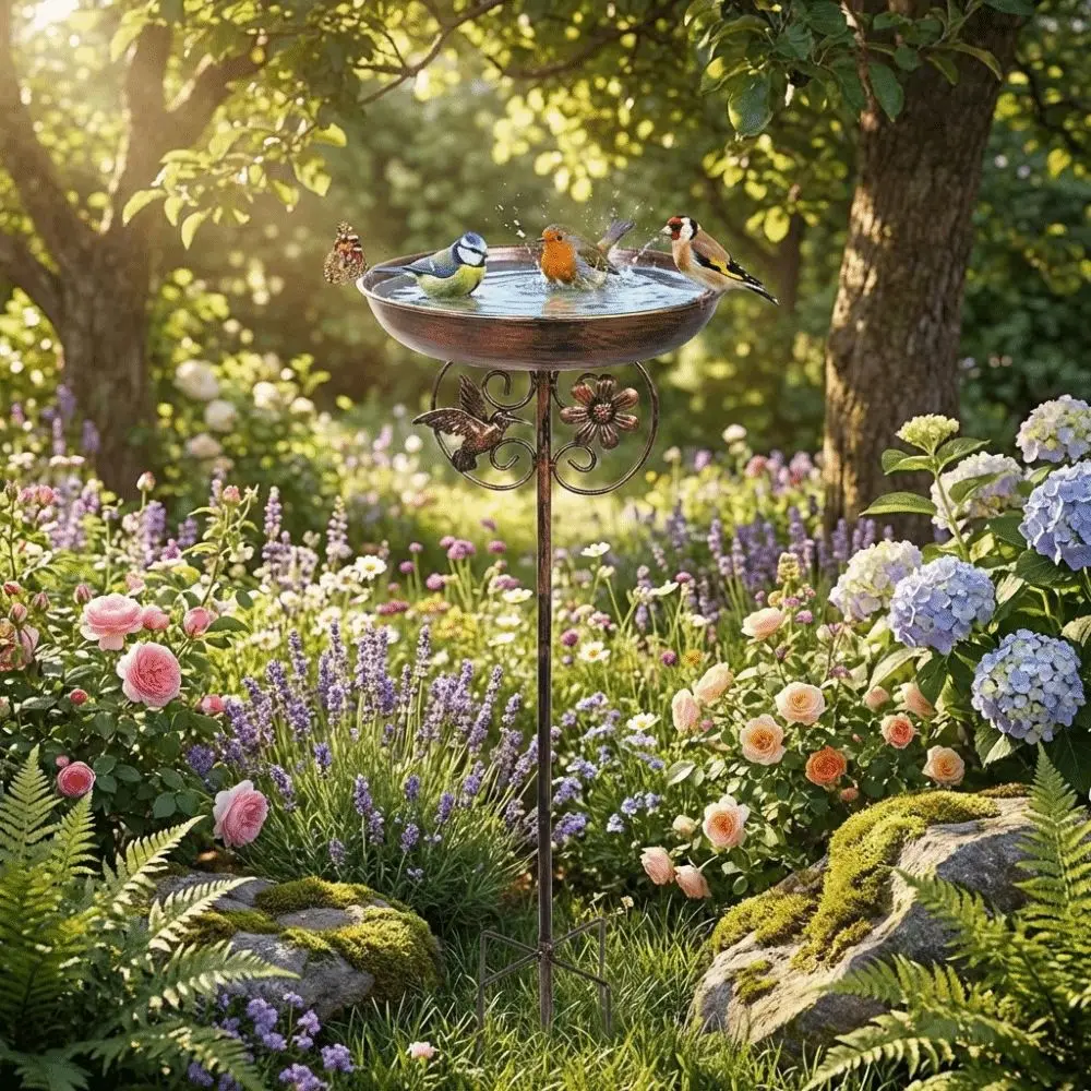 Cast Iron Outdoor Bird Bath Heavy Duty Rust Resistant Metal Bird Feeder Tipping Eve Five Prongs Base Garden Birdbath Courtyard