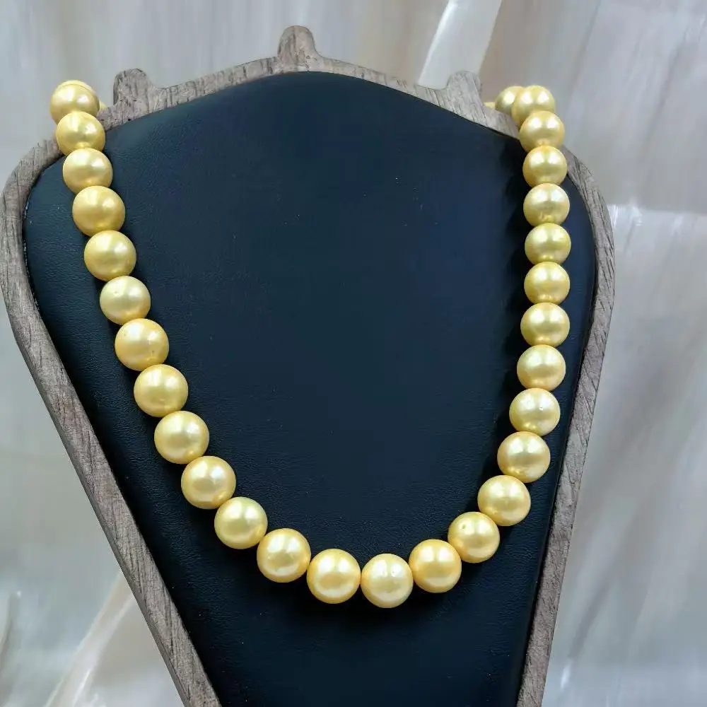 

11-12mm Jewelry Gifts for Women Round Genuine Natural Freshwater Big Yellow Pearl Chokers Short Necklace 17-20inch