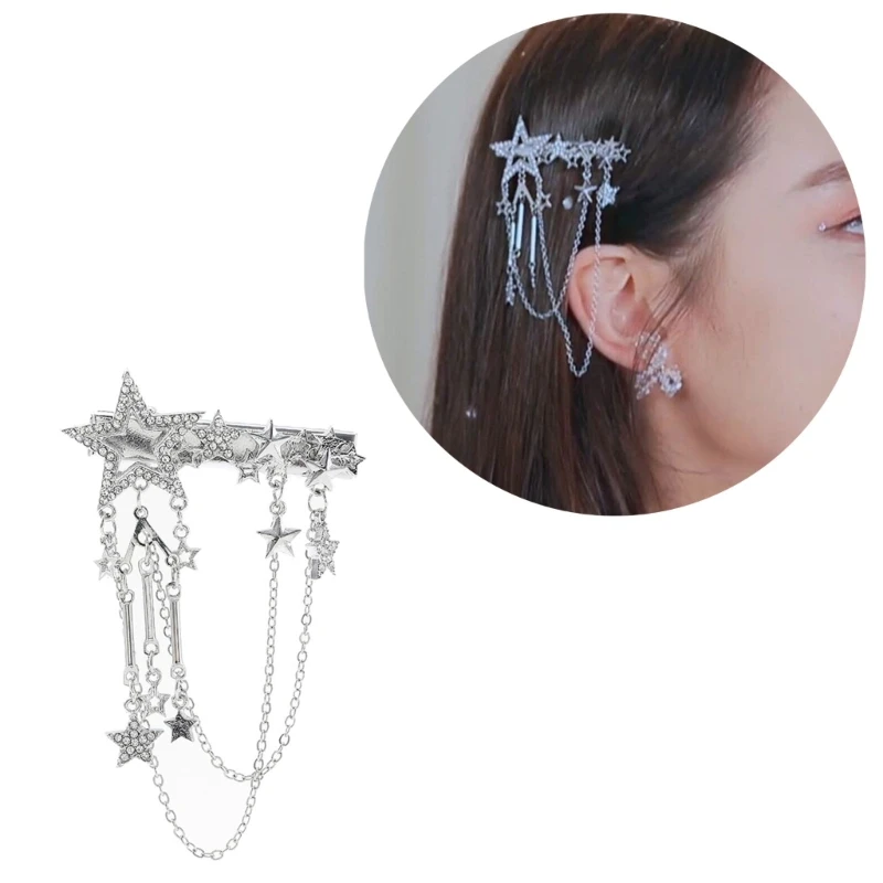 Exquisite Crystal Star Hair Clip Bling Shiny-Hairwear Hair Accessory for Women Girl Elegant Chain Tassel Hair Pin Cool