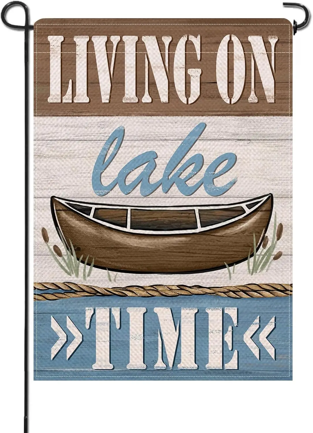 Spring Summer Living on Lake Time Small Decorative Garden Flag, Lakehouse Boat Farmhouse Yard Lawn Outside Decor, Rustic Burlap