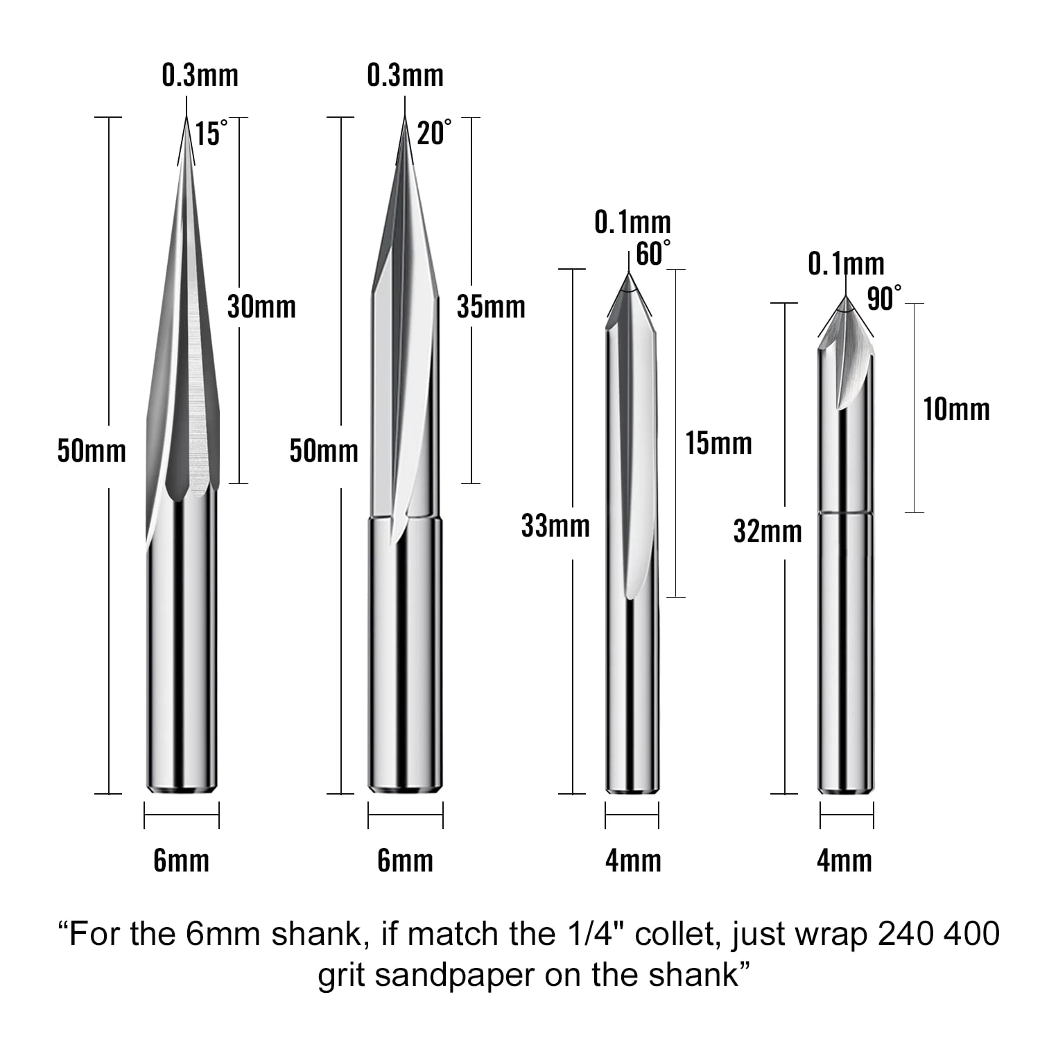 A06K CNC Router Bits Set 1/4 Shank, Engraving Wood Carving Router Bit 6mm & 4mm, V-Groove, Profile Bit, Tungsten Steel - 4PCS