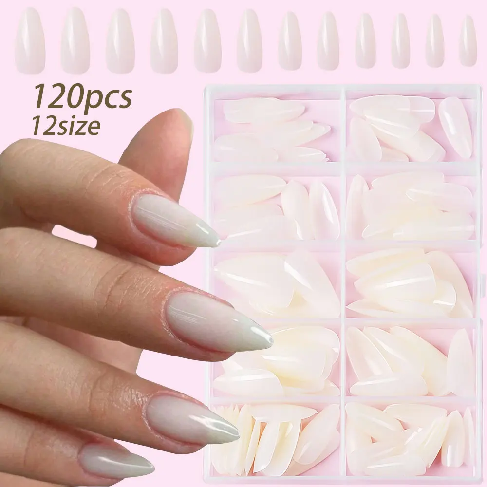 120Pcs French Almond False Nails White Mid-length Acrylic Almond Press on False Nails Wearable Full Cover Almond False Nail Tips