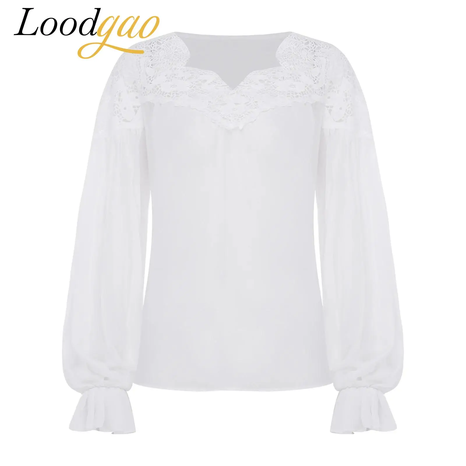 

Womens Long Puff Sleeve Blouses Embroidered Lace Chiffon Blouse See Through Cover-up Top V Neck Elegant Clothes